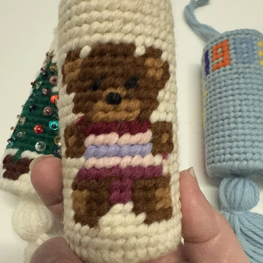 Vintage Handmade Needlepoint Christmas Ornament Lot. Very Unique, Bears, Rainbow